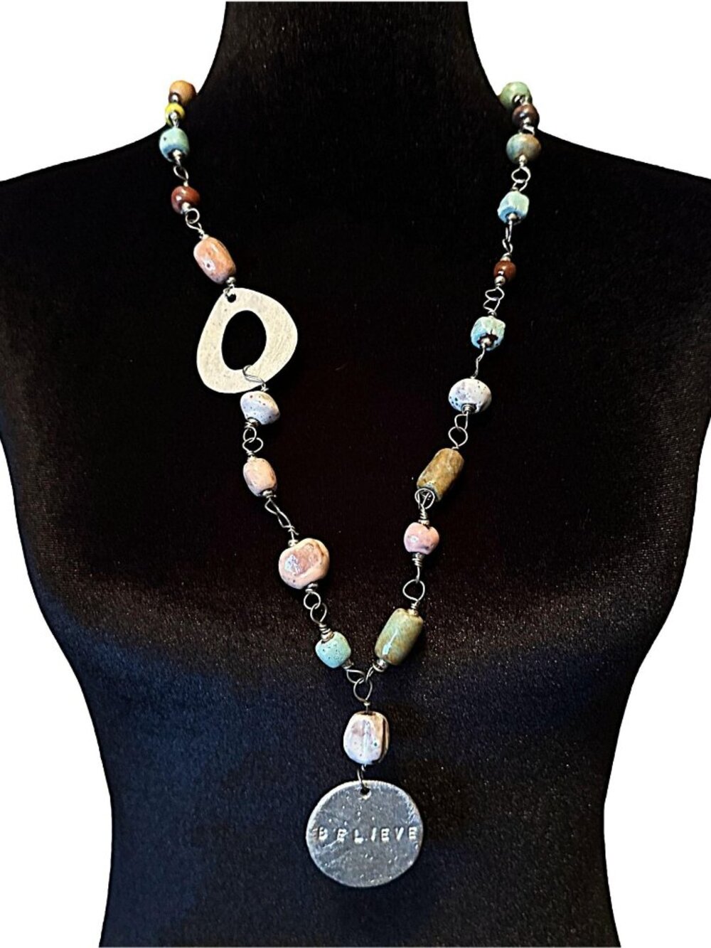 Long Beaded Necklace Believe Pendant Pottery Beads Green Blue Silver Tone Womens